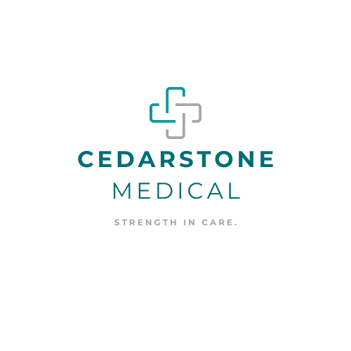 Cedarstone Medical logo with teal and gray interlocking cross and slogan Strength in Care.
